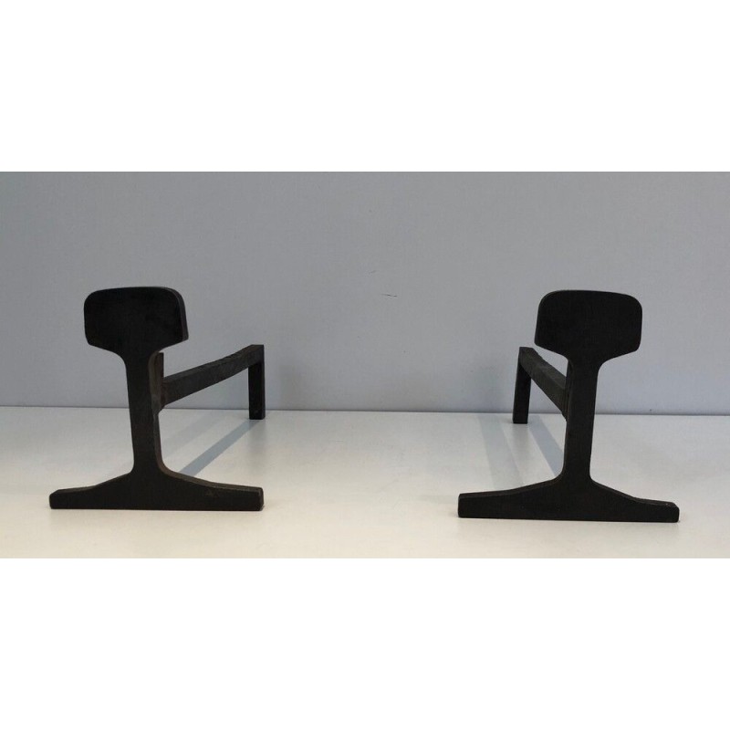 Pair of Modernist Cast Iron and Iron Andirons