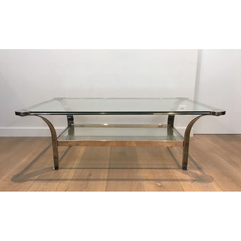 Importante Table Basse Design en Chrome et Plateaux de Verres