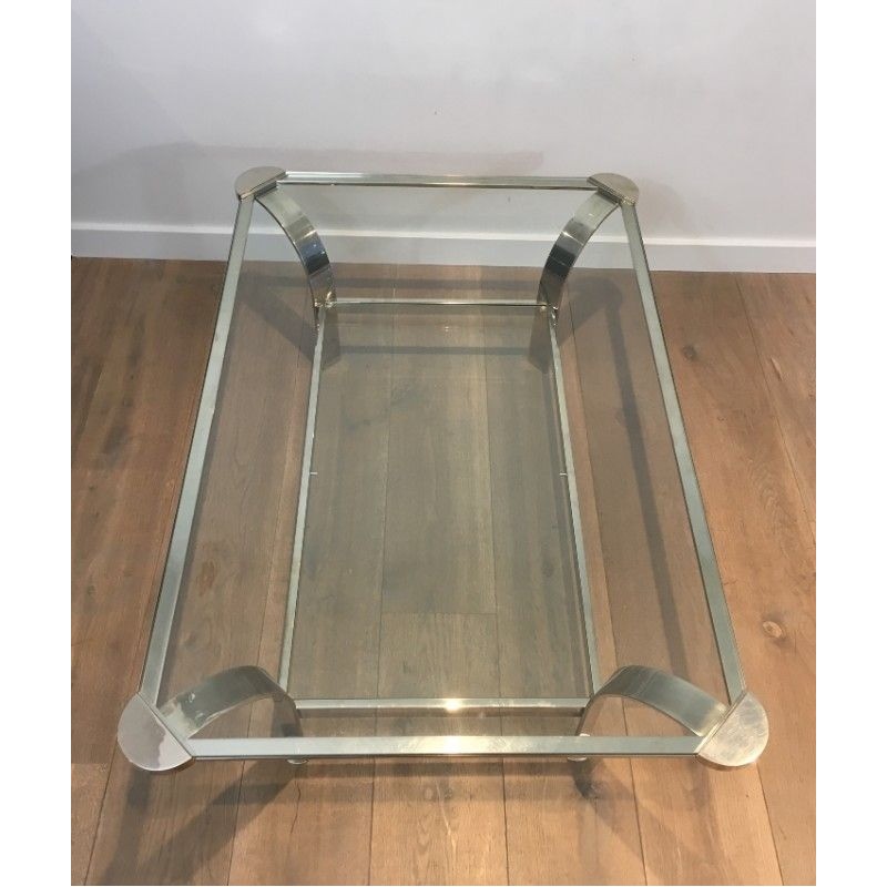 Importante Table Basse Design en Chrome et Plateaux de Verres