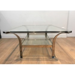 Importante Table Basse Design en Chrome et Plateaux de Verres