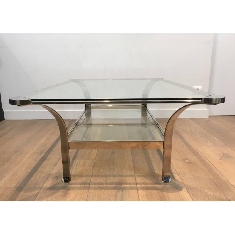 Importante Table Basse Design en Chrome et Plateaux de Verres