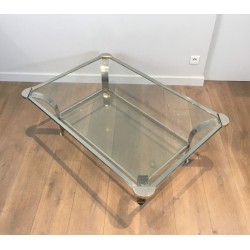 Importante Table Basse Design en Chrome et Plateaux de Verres