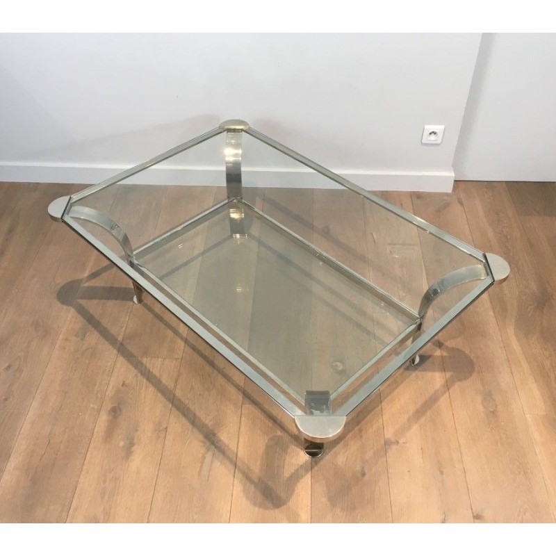 Importante Table Basse Design en Chrome et Plateaux de Verres