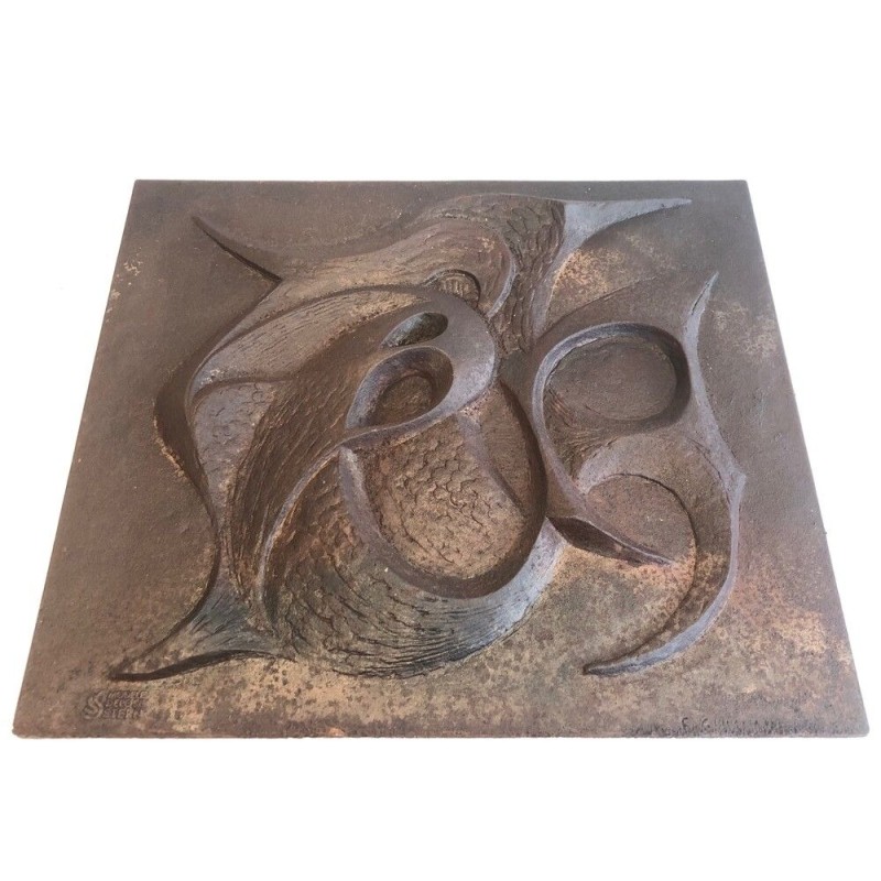 Modernist Cast Iron Fireback, Signed F. Guillebert for Stern