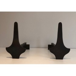 Paire de Chenets Modernistes en Acier et Fer Forgé