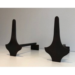 Pair of Modernist Steel and Wrought Iron Andirons