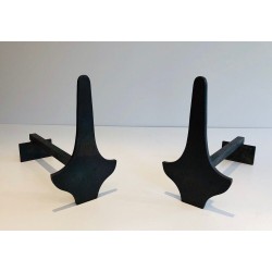 Pair of Modernist Steel and Wrought Iron Andirons