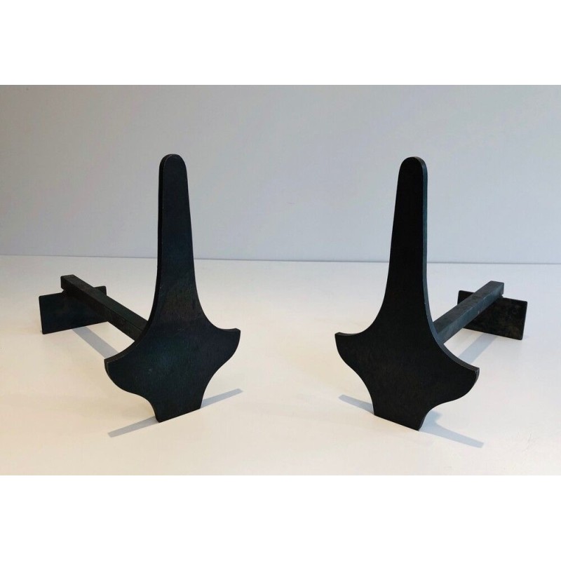 Pair of Modernist Steel and Wrought Iron Andirons