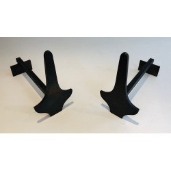 Paire de Chenets Modernistes en Acier et Fer Forgé