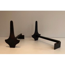 Paire de Chenets Modernistes en Acier et Fer Forgé