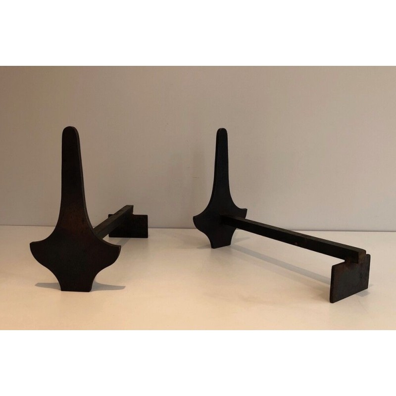 Paire de Chenets Modernistes en Acier et Fer Forgé