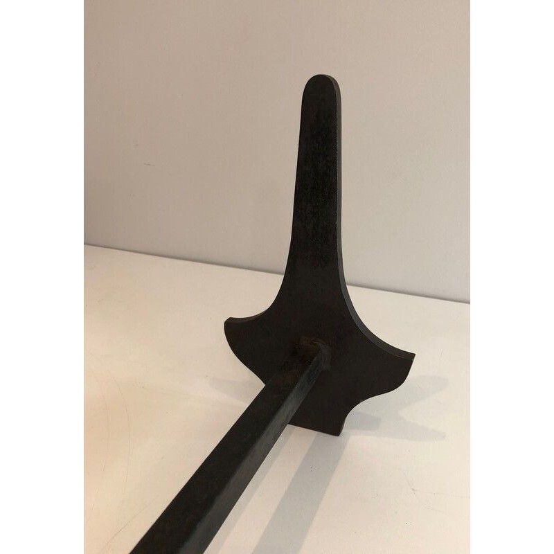 Paire de Chenets Modernistes en Acier et Fer Forgé