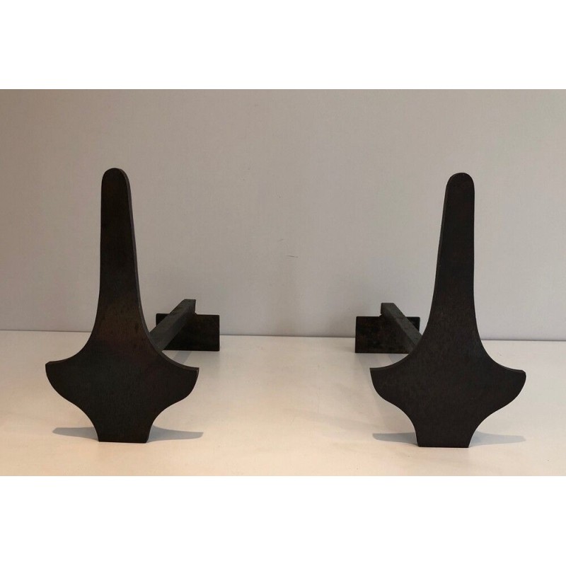 Paire de Chenets Modernistes en Acier et Fer Forgé