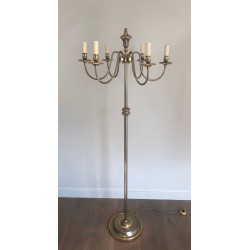 Lampadaire Néoclassique en Métal Argenté et Laiton à Six Lumières, Travail Français, vers 1940