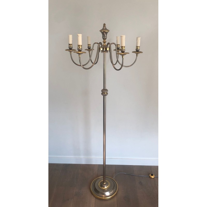 Neoclassical Silvered Metal and Brass Six-Light Floor Lamp, French Work, circa 1940