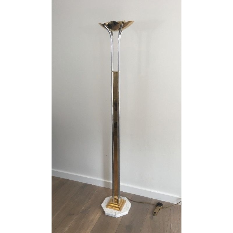 Lampadaire de parquet en Chrome, Laiton et Marbre