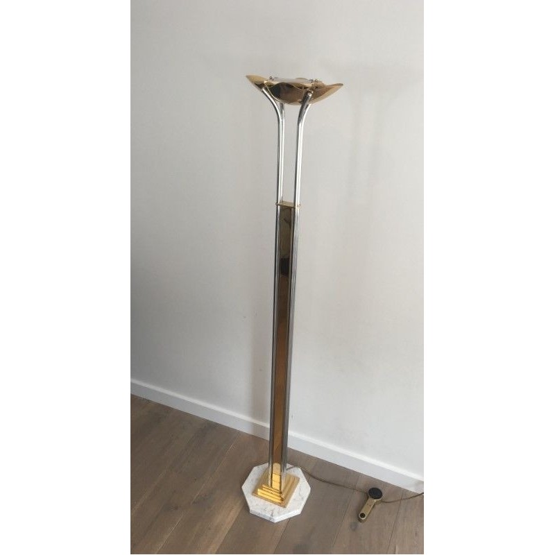 Lampadaire de parquet en Chrome, Laiton et Marbre