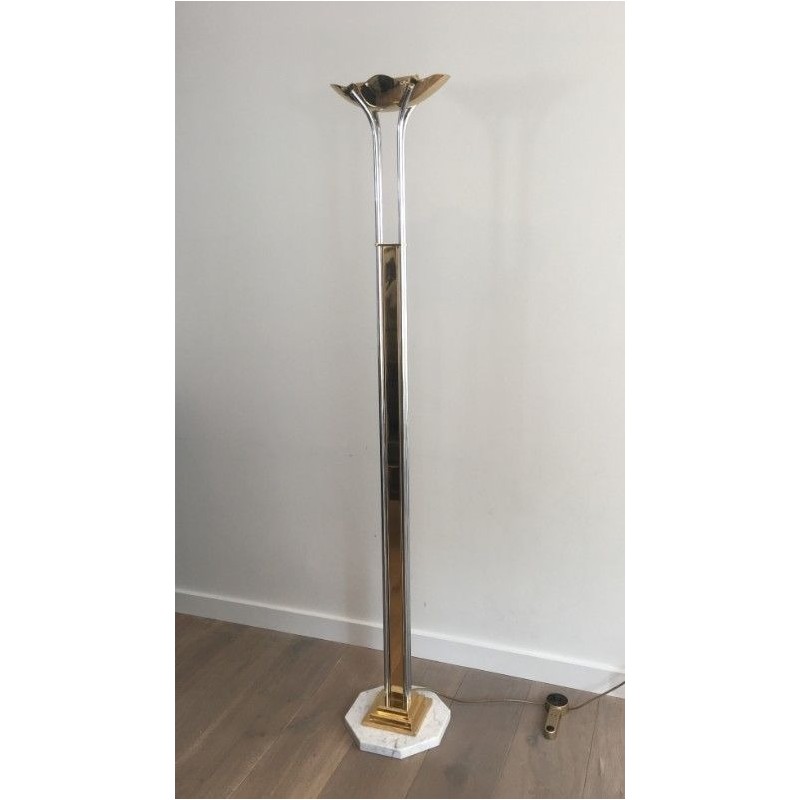 Lampadaire de parquet en Chrome, Laiton et Marbre
