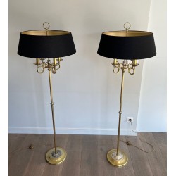 Paire de Lampadaires Néoclassiques Acier Laiton, Cors de Chasse, Maison Charles, vers 1940