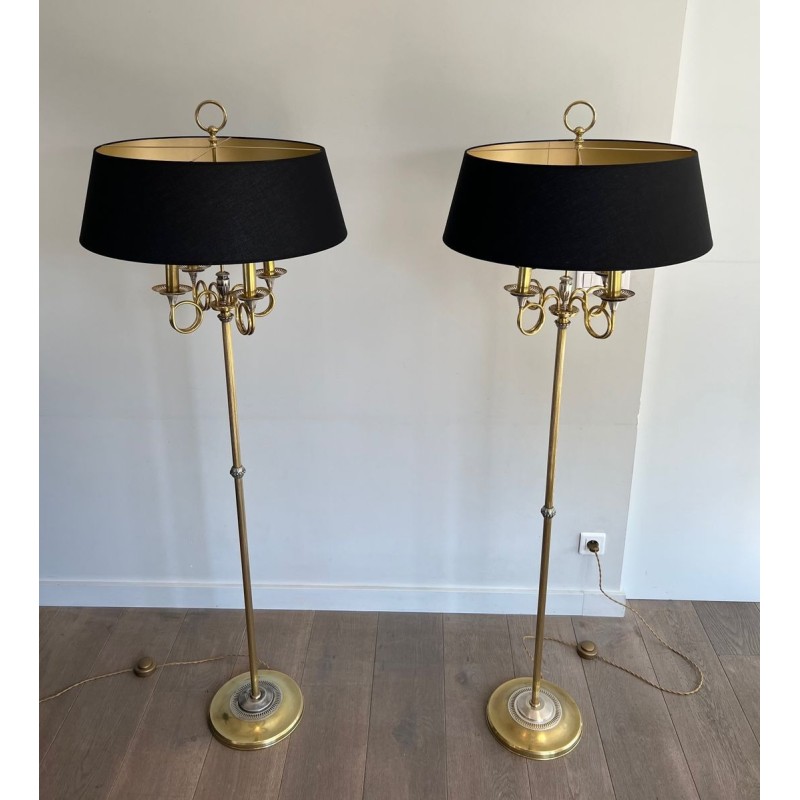 Paire de Lampadaires Néoclassiques Acier Laiton, Cors de Chasse, Maison Charles, vers 1940