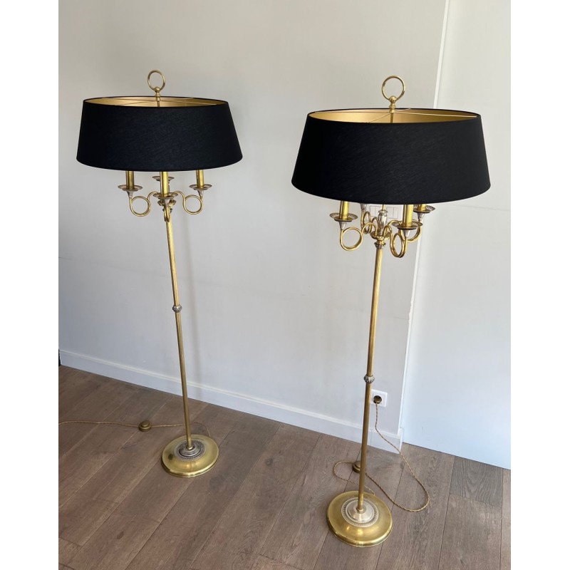 Paire de Lampadaires de Parquet en Acier Brossé et Laiton. Dans le goût de la Maison Charles