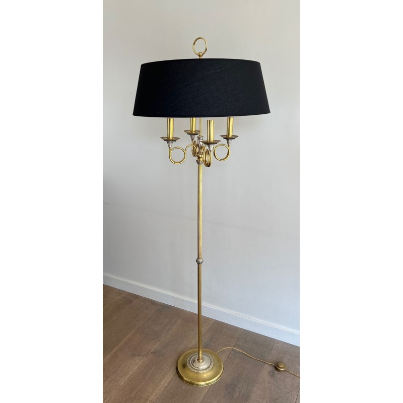 Paire de Lampadaires Néoclassiques Acier Laiton, Cors de Chasse, Maison Charles, vers 1940