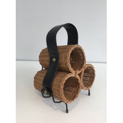 Rattan, Black lacquered Metal and Faux-leather Bottles Rack