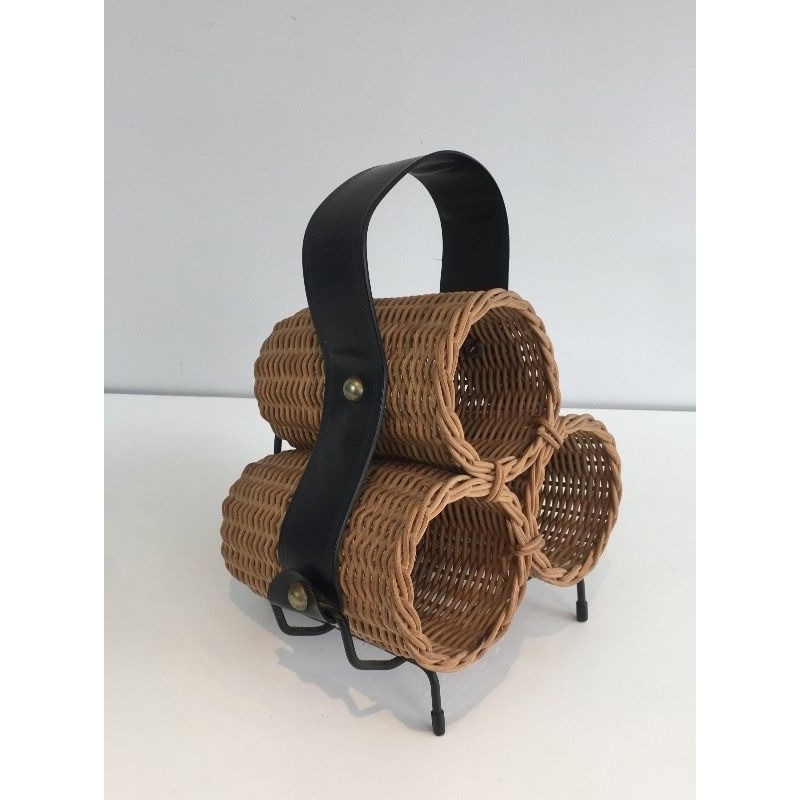 Rattan, Black lacquered Metal and Faux-leather Bottles Rack