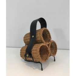 Rattan, Black lacquered Metal and Faux-leather Bottles Rack