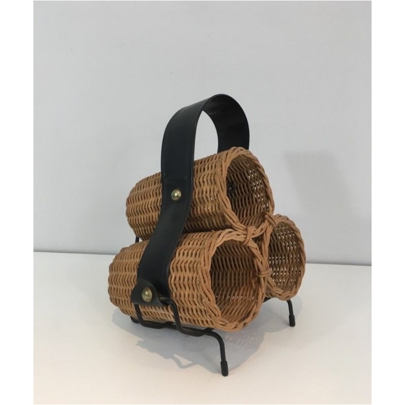 Rattan, Black lacquered Metal and Faux-leather Bottles Rack