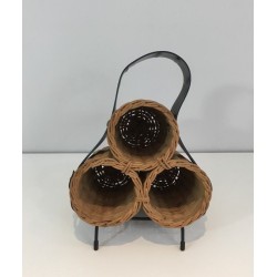Rattan, Black lacquered Metal and Faux-leather Bottles Rack