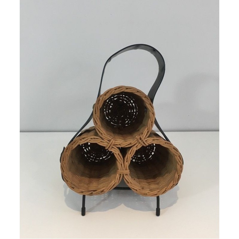 Rattan, Black lacquered Metal and Faux-leather Bottles Rack