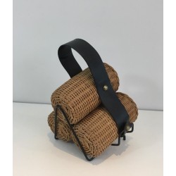 Rattan, Black lacquered Metal and Faux-leather Bottles Rack