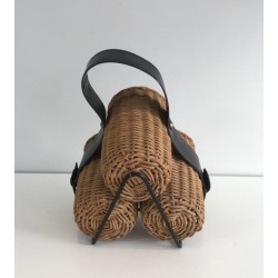 Rattan, Black lacquered Metal and Faux-leather Bottles Rack