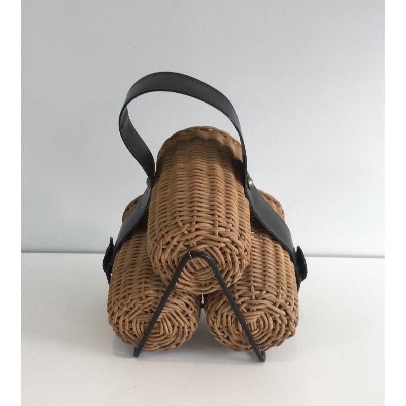 Rattan, Black lacquered Metal and Faux-leather Bottles Rack