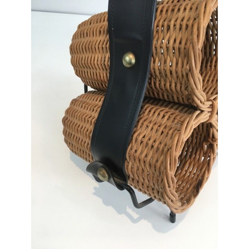 Rattan, Black lacquered Metal and Faux-leather Bottles Rack