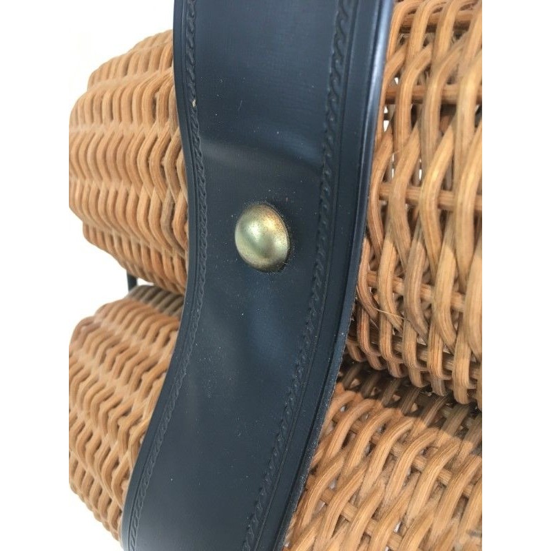 Rattan, Black lacquered Metal and Faux-leather Bottles Rack