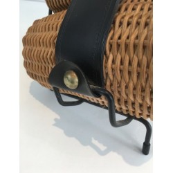 Rattan, Black lacquered Metal and Faux-leather Bottles Rack