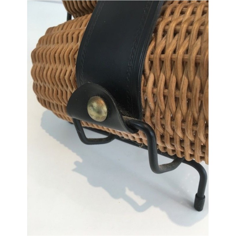 Rattan, Black lacquered Metal and Faux-leather Bottles Rack