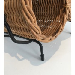 Rattan, Black lacquered Metal and Faux-leather Bottles Rack