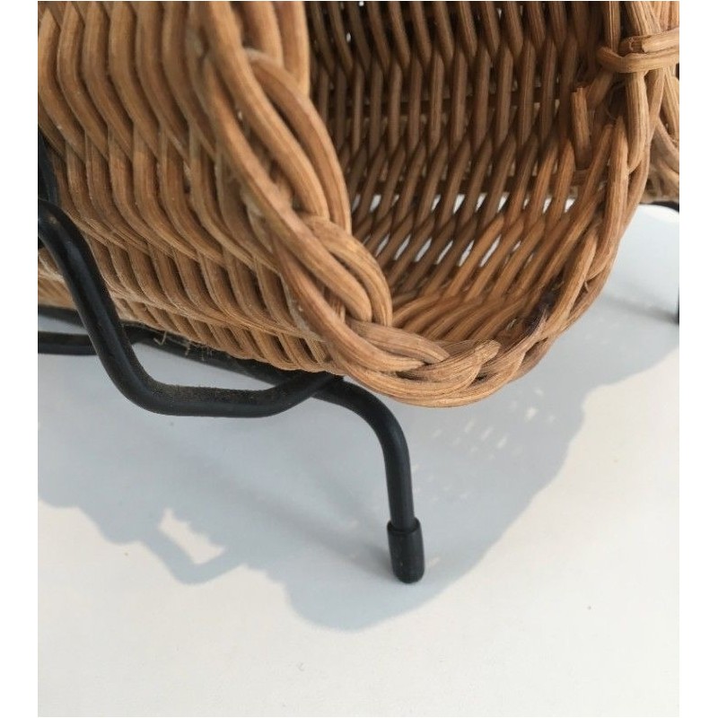 Rattan, Black lacquered Metal and Faux-leather Bottles Rack