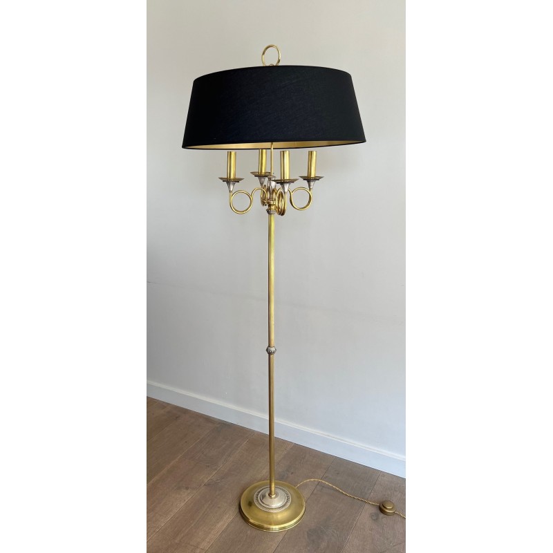 Paire de Lampadaires Néoclassiques Acier Laiton, Cors de Chasse, Maison Charles, vers 1940