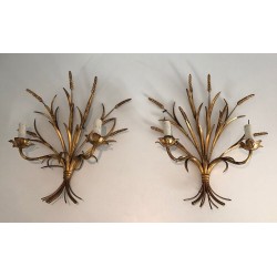Coco Channel Large Pair of Gilt Metal Ears of Wheat Wall Sconces