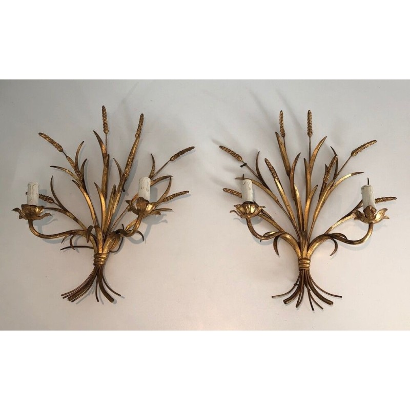 Coco Channel Large Pair of Gilt Metal Ears of Wheat Wall Sconces