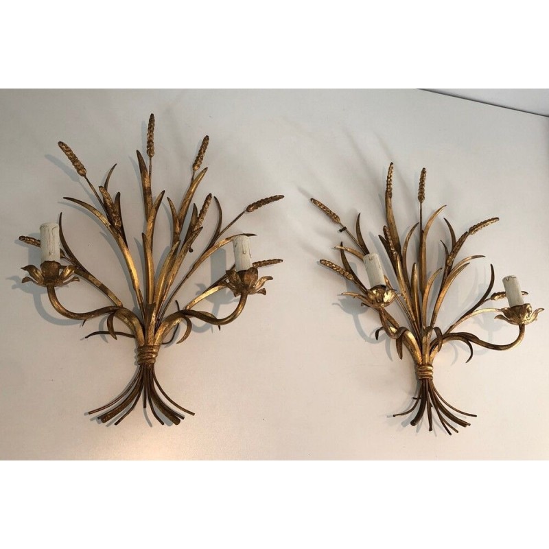 Coco Channel Large Pair of Gilt Metal Ears of Wheat Wall Sconces