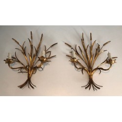 Coco Channel Large Pair of Gilt Metal Ears of Wheat Wall Sconces