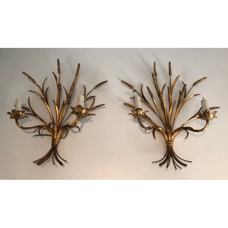 Coco Channel Large Pair of Gilt Metal Ears of Wheat Wall Sconces
