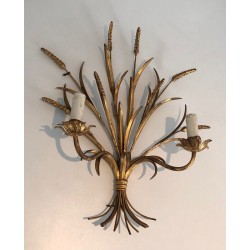 Coco Channel Large Pair of Gilt Metal Ears of Wheat Wall Sconces