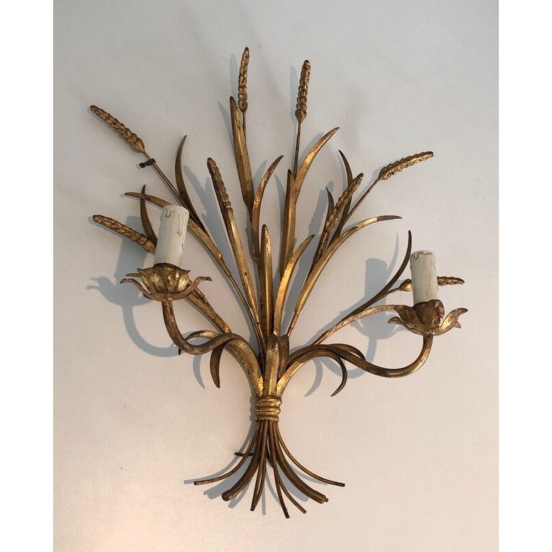 Coco Channel Large Pair of Gilt Metal Ears of Wheat Wall Sconces