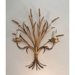 Coco Channel Large Pair of Gilt Metal Ears of Wheat Wall Sconces